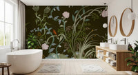 Twisting peonies and chinoiserie vines wrap a serene bathroom in green wall mural., GD9735