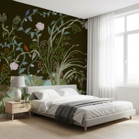 Pink peony clusters bloom across a chinoiserie Botanical wall mural with green vines., GD9735