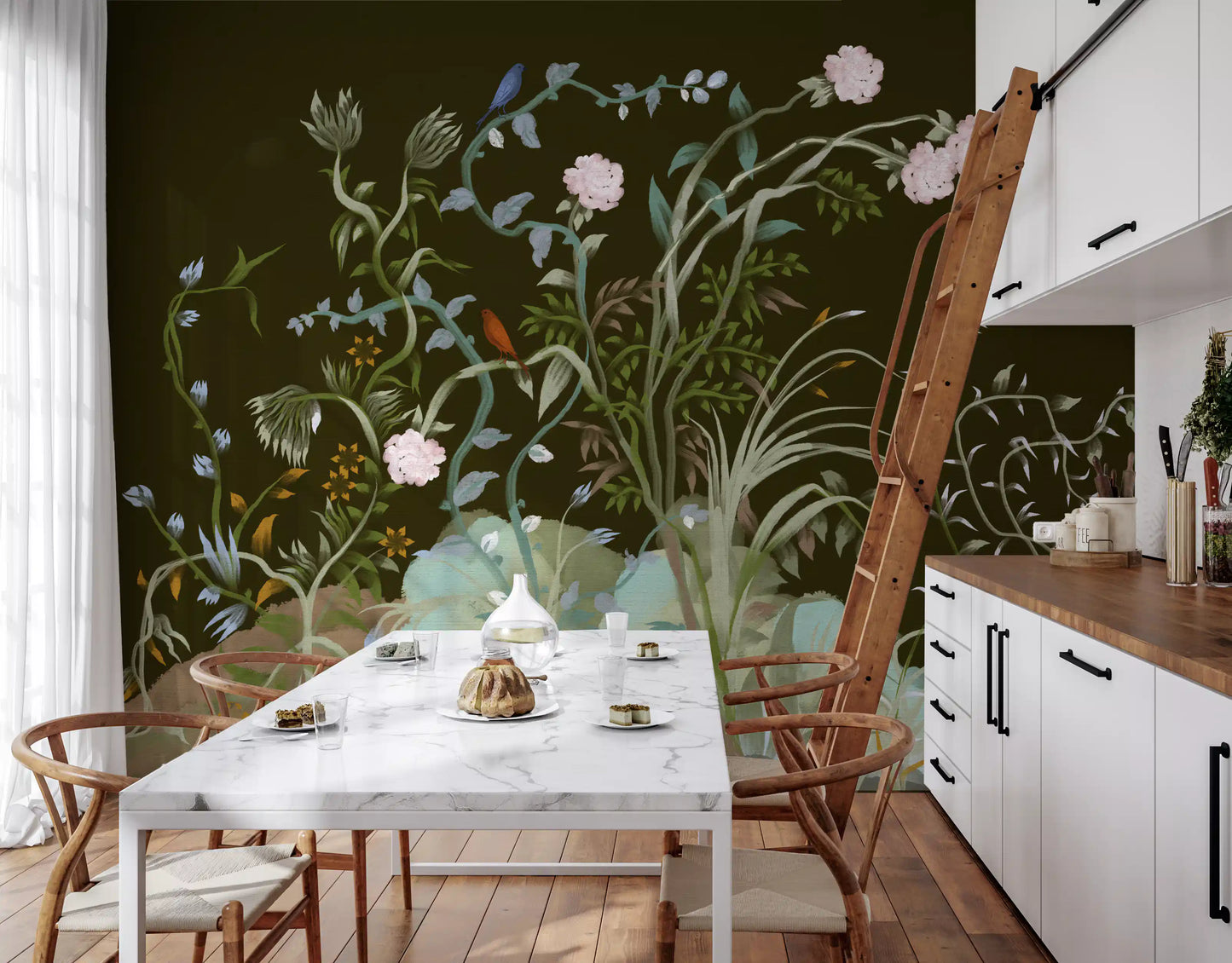 Enchanted Grove wall mural surrounds a moody dining room in olive and blush tones., GD9735