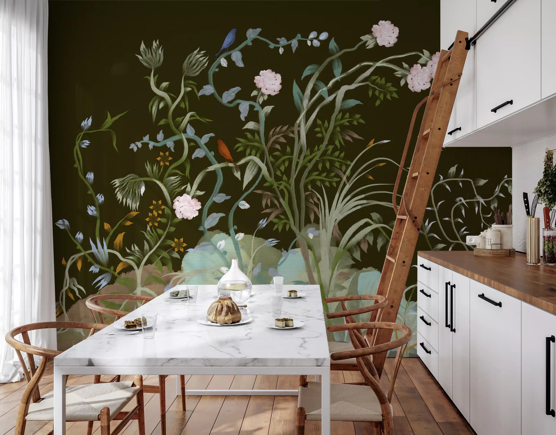 Enchanted Grove wall mural surrounds a moody dining room in olive and blush tones., GD9735