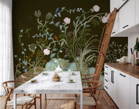 Enchanted Grove wall mural surrounds a moody dining room in olive and blush tones., GD9735