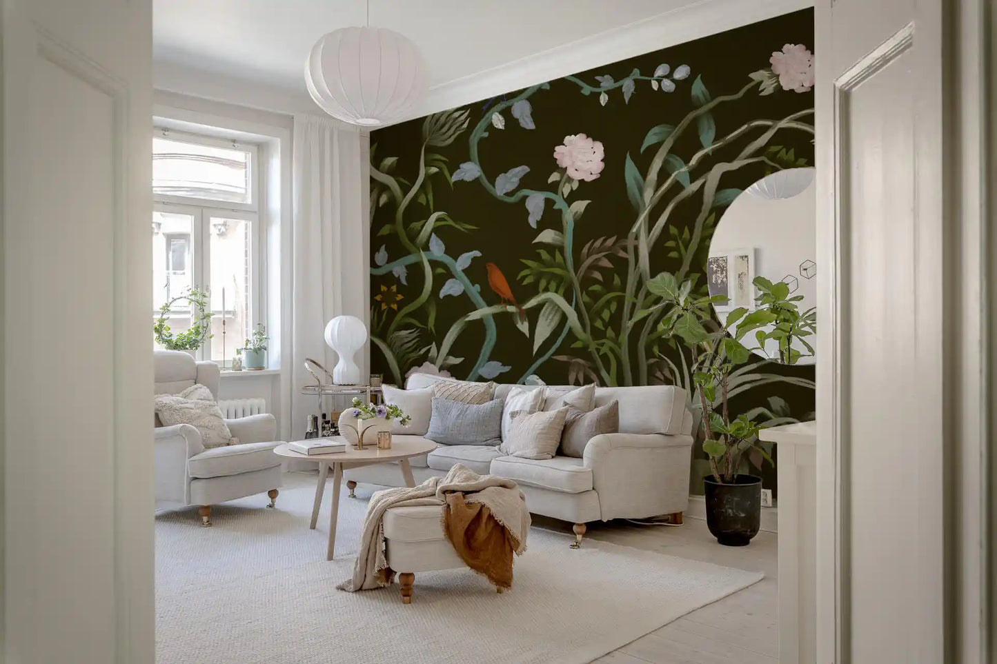 Free-flowing chinoiserie brushwork on an Enchanted Grove wall mural with bird detail., GD9735