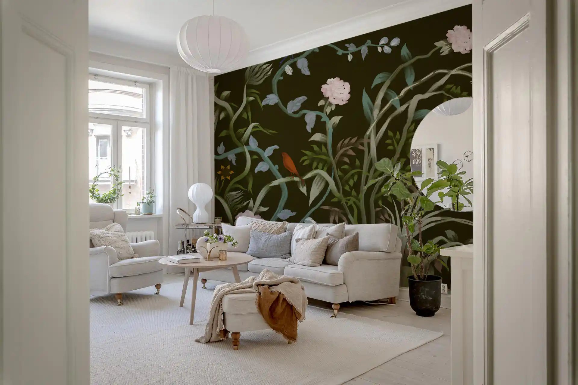Free-flowing chinoiserie brushwork on an Enchanted Grove wall mural with bird detail., GD9735