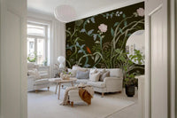 Free-flowing chinoiserie brushwork on an Enchanted Grove wall mural with bird detail., GD9735