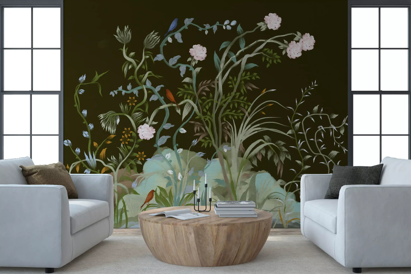 Pink peonies and birds drift over an olive chinoiserie wall mural in a quiet living room., GD9735