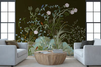 Pink peonies and birds drift over an olive chinoiserie wall mural in a quiet living room., GD9735