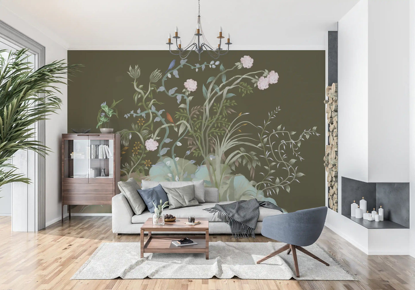 Enchanted Grove wall mural showing blue, red and indigo birds among twisting vines., GD9735