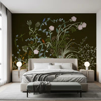 Romantic chinoiserie wall mural envelops a peaceful bedroom in deep olive tones., GD9735