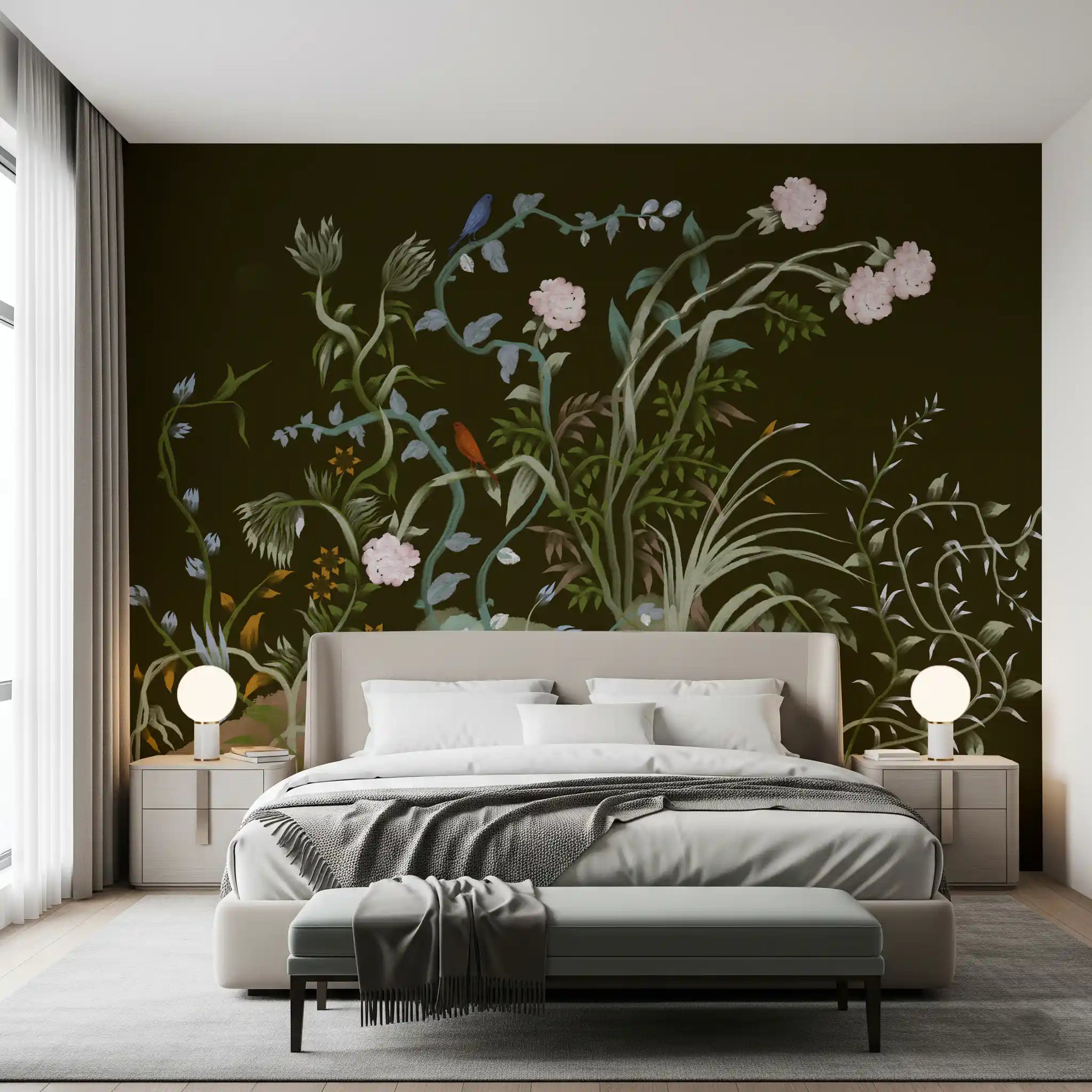 Romantic chinoiserie wall mural envelops a peaceful bedroom in deep olive tones., GD9735