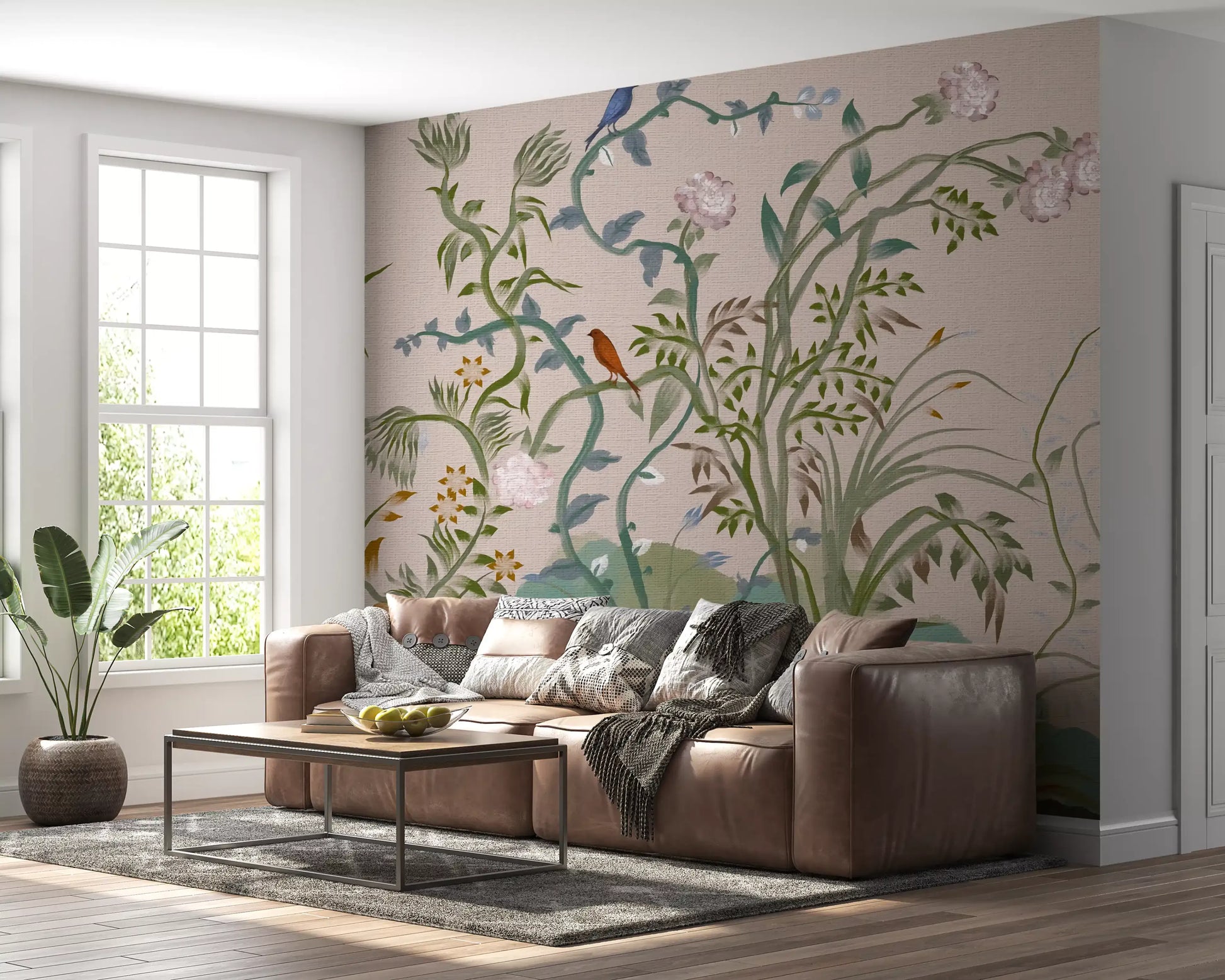 A bright sitting room scaled around the chinoiserie vine wall mural.