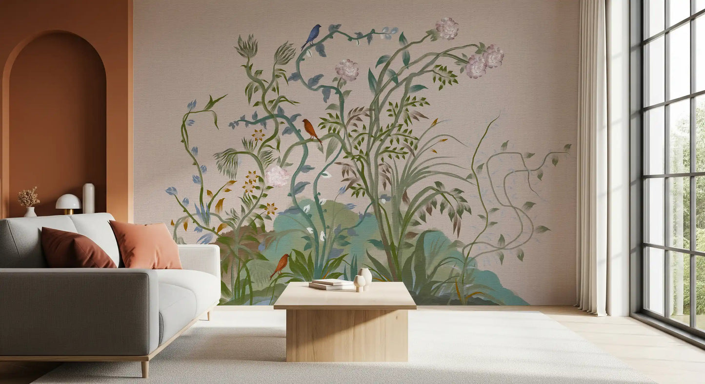 Pink rose buds and indigo songbirds sit along the vine in this chinoiserie wall mural.