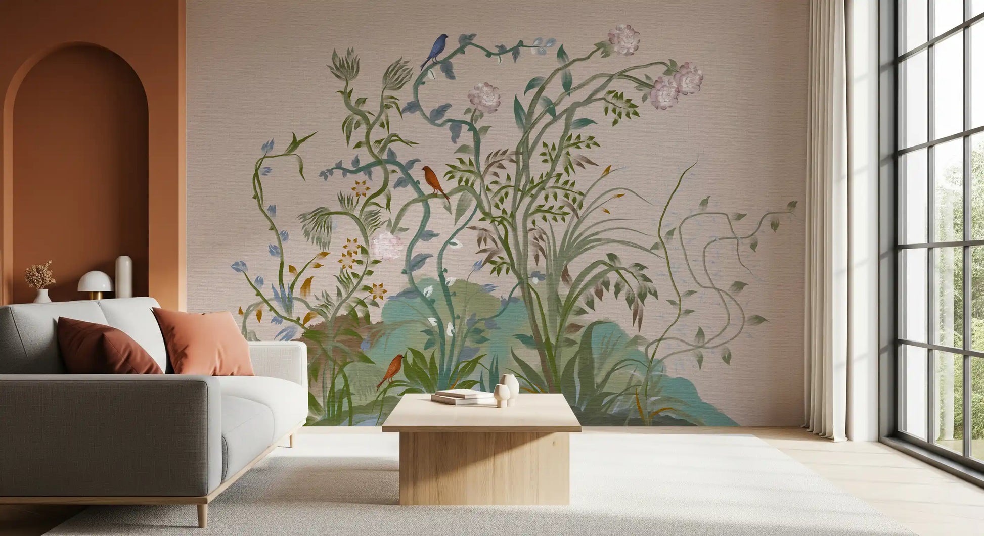 Pink rose buds and indigo songbirds sit along the vine in this chinoiserie wall mural.