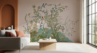 Pink rose buds and indigo songbirds sit along the vine in this chinoiserie wall mural.