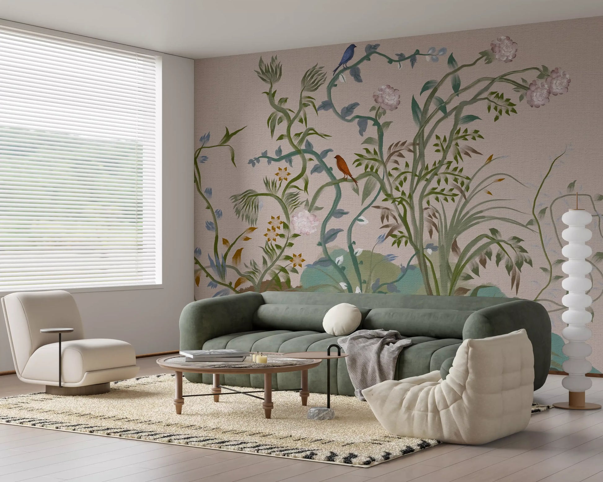 Family room dressed in an oriental floral wall mural with painted birds.