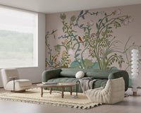 Family room dressed in an oriental floral wall mural with painted birds.