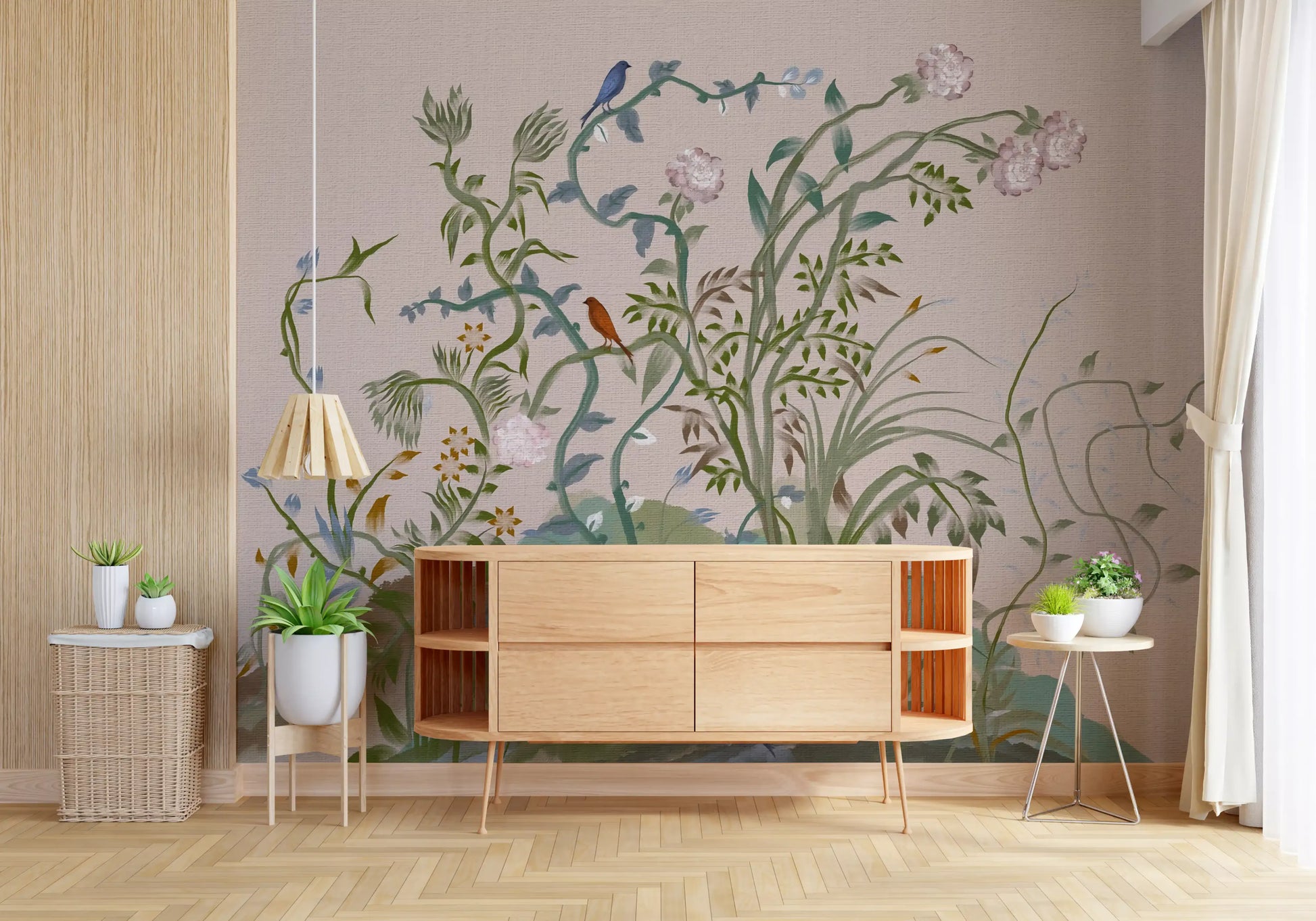 Hallway styled with the chinoiserie blossom and songbird wall mural.