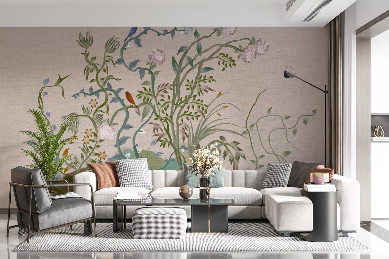 Living room paired with the chinoiserie wall mural in a chalk-pink palette.