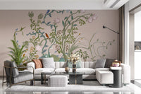 Living room paired with the chinoiserie wall mural in a chalk-pink palette.