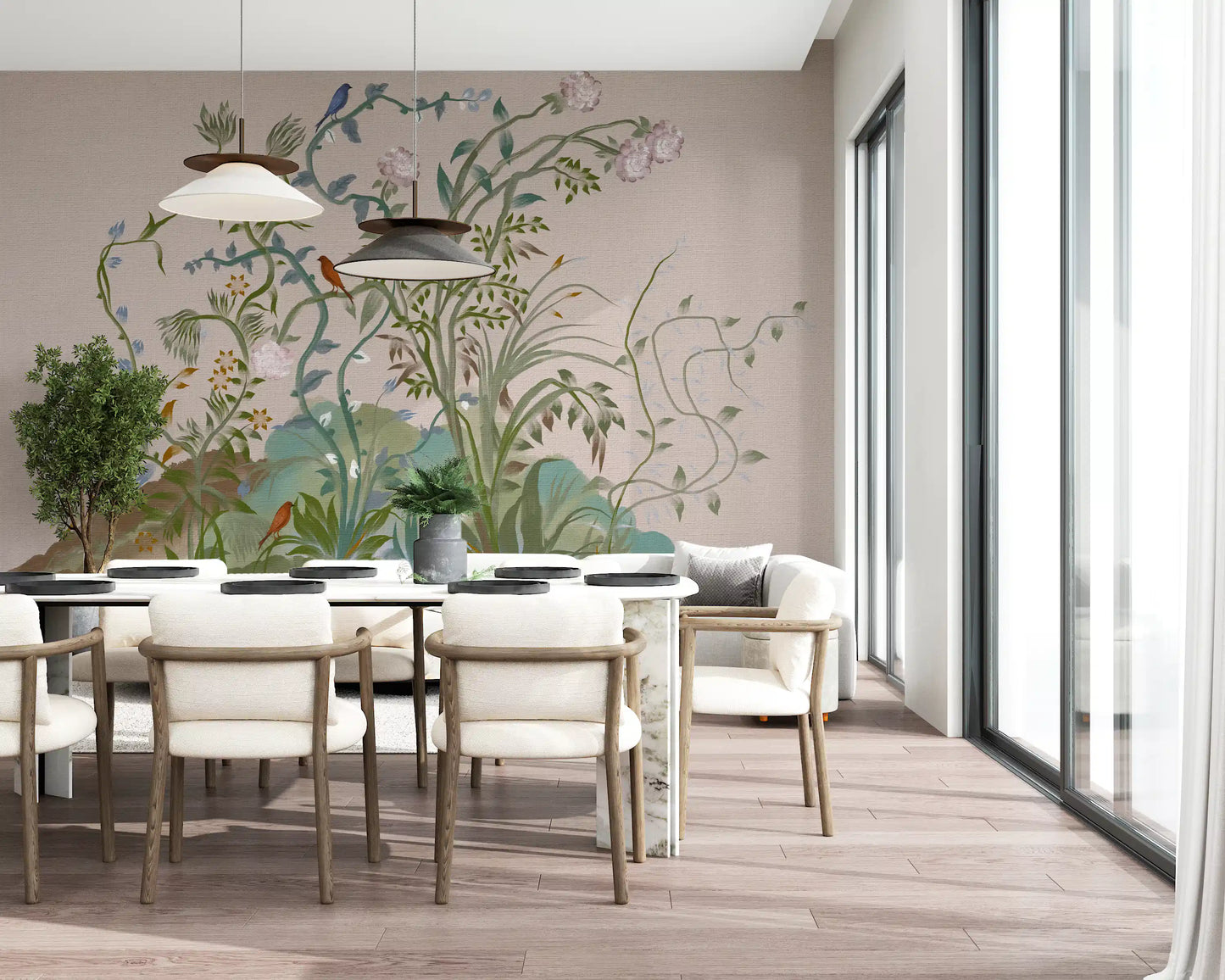 Chinoiserie songbird wall mural giving a dining room subtle painterly depth.