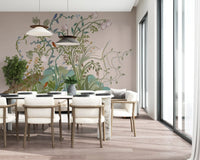 Chinoiserie songbird wall mural giving a dining room subtle painterly depth.