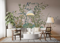 Blush pink ground sets the canvas for an oriental floral wall mural with birds.