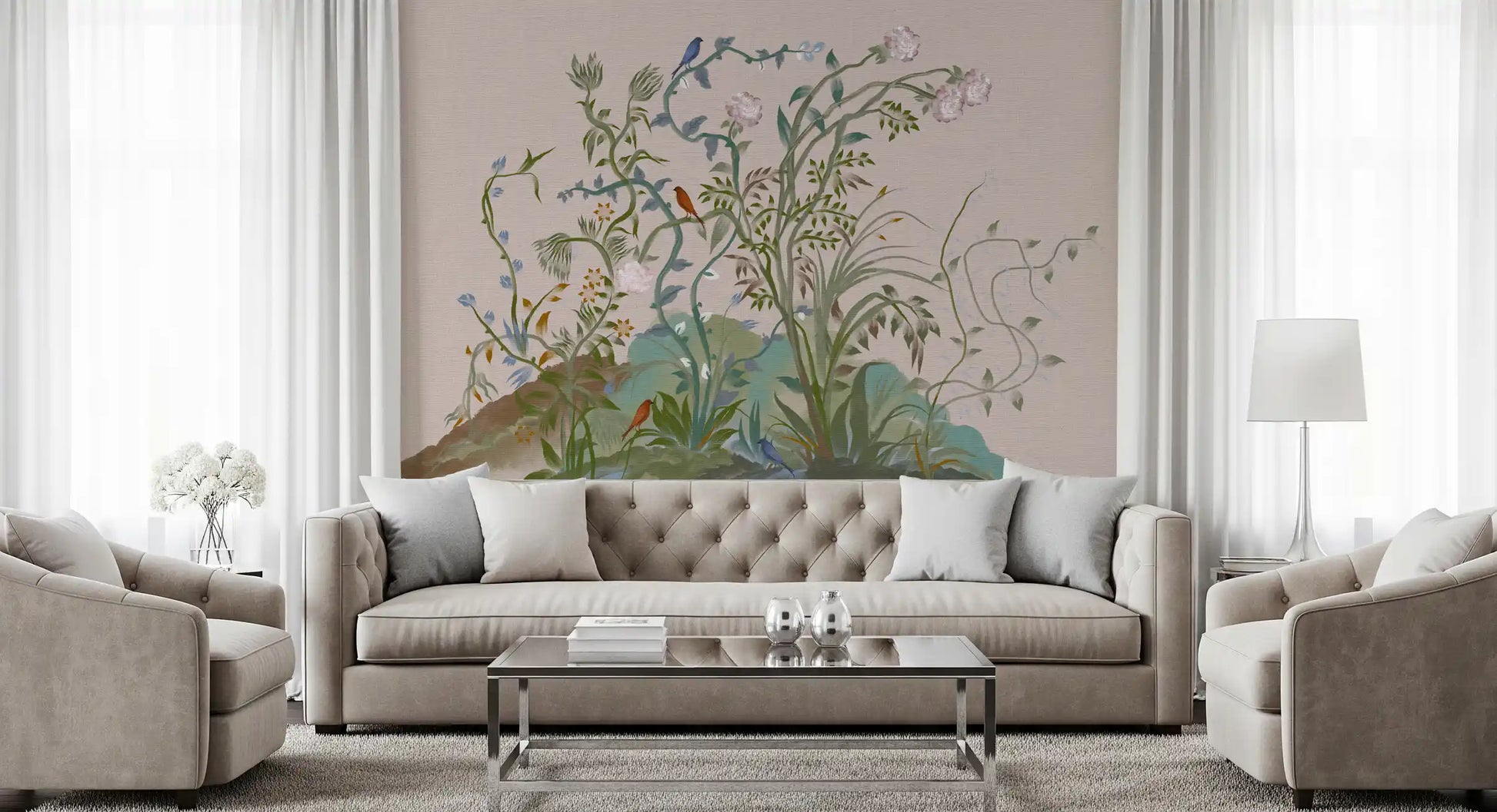 Climbing vines hold rose blossoms and tiny songbirds across this chinoiserie wall mural.