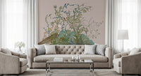 Climbing vines hold rose blossoms and tiny songbirds across this chinoiserie wall mural.