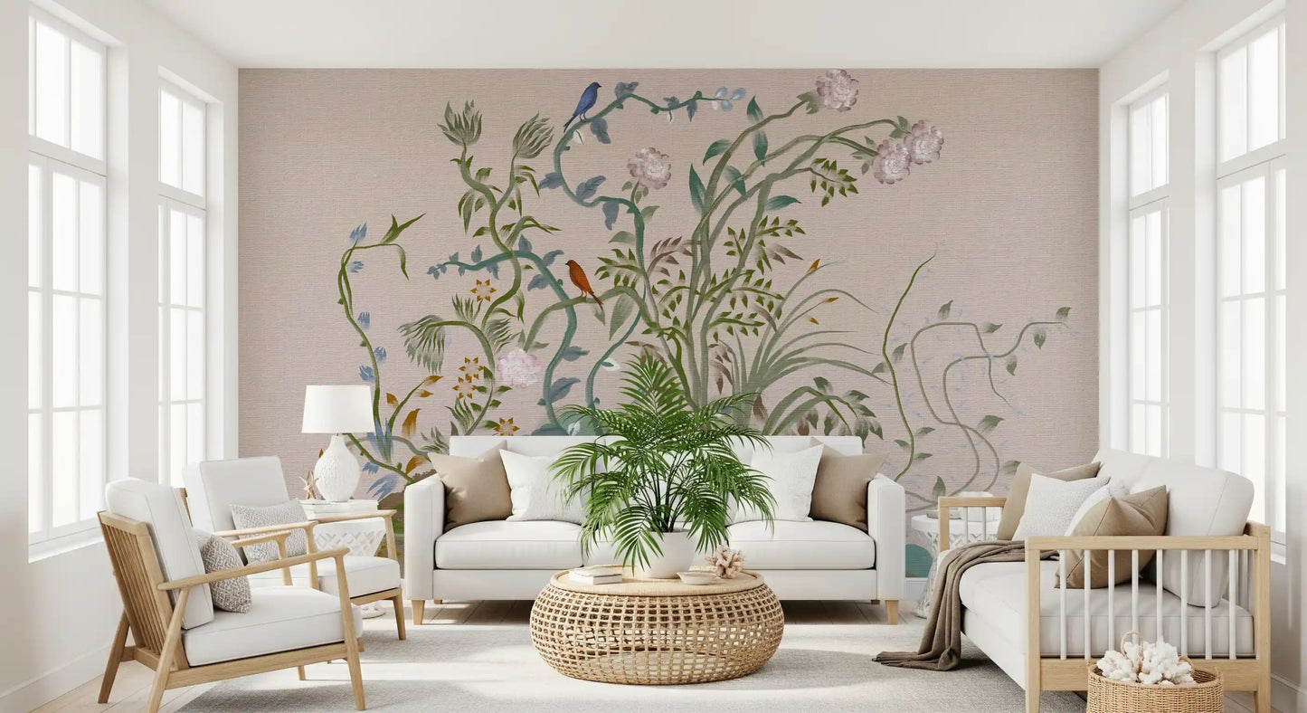 Wall mural shows trailing greenery and small painted birds against blush linen texture.