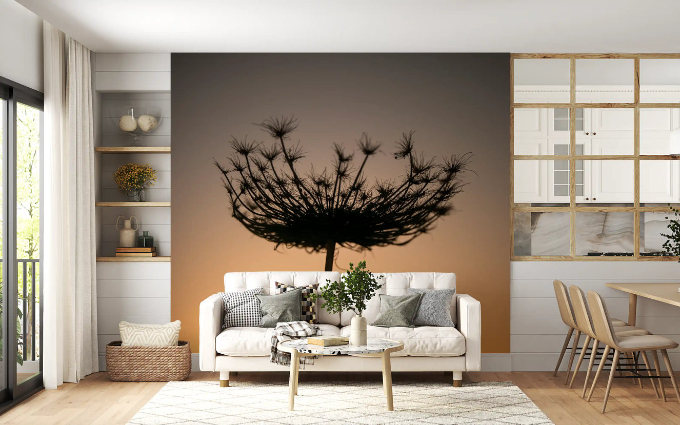 Pairing well with living rooms, this seed head silhouette wall mural feels cinematic.