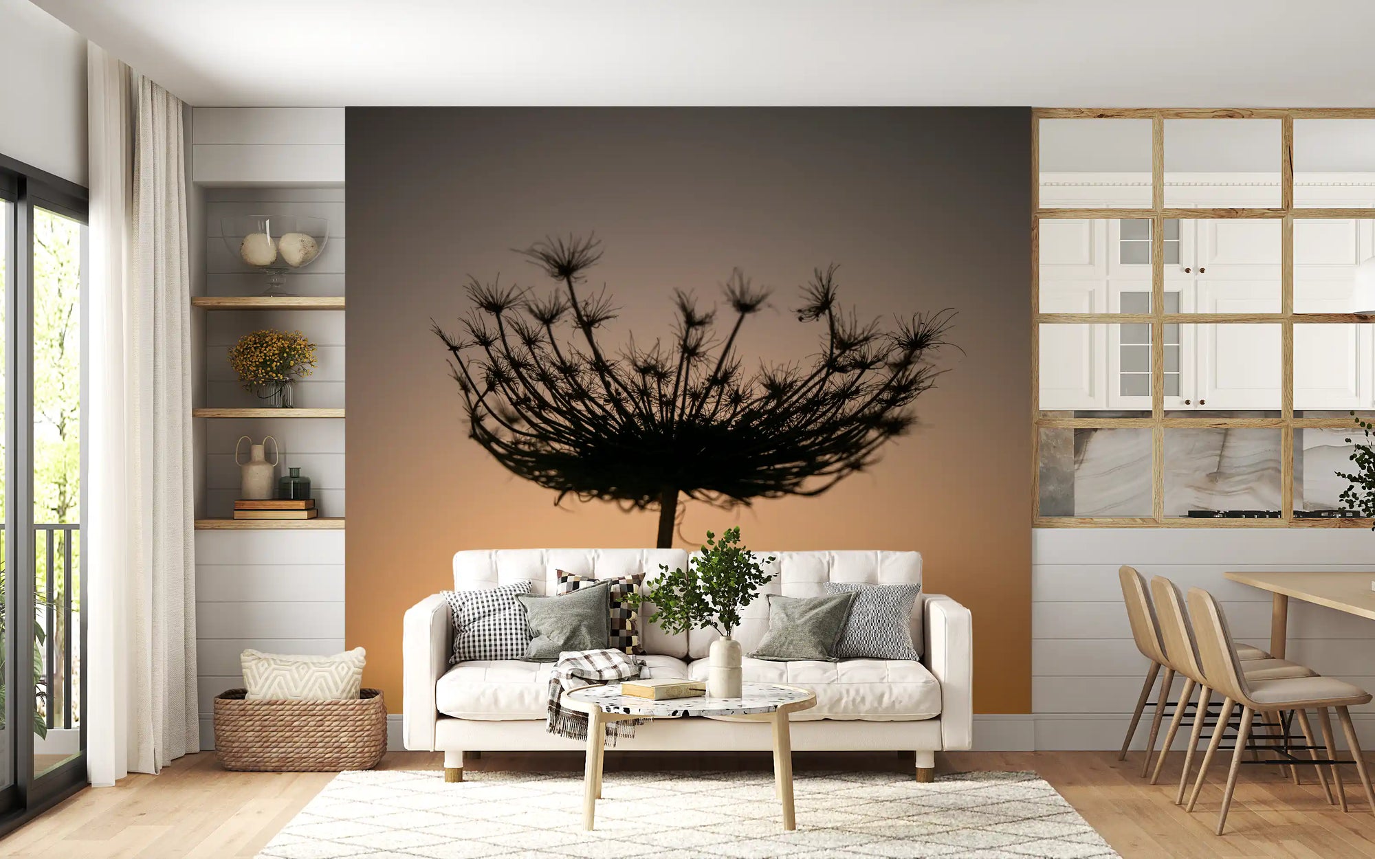 Pairing well with living rooms, this seed head silhouette wall mural feels cinematic., GD9737