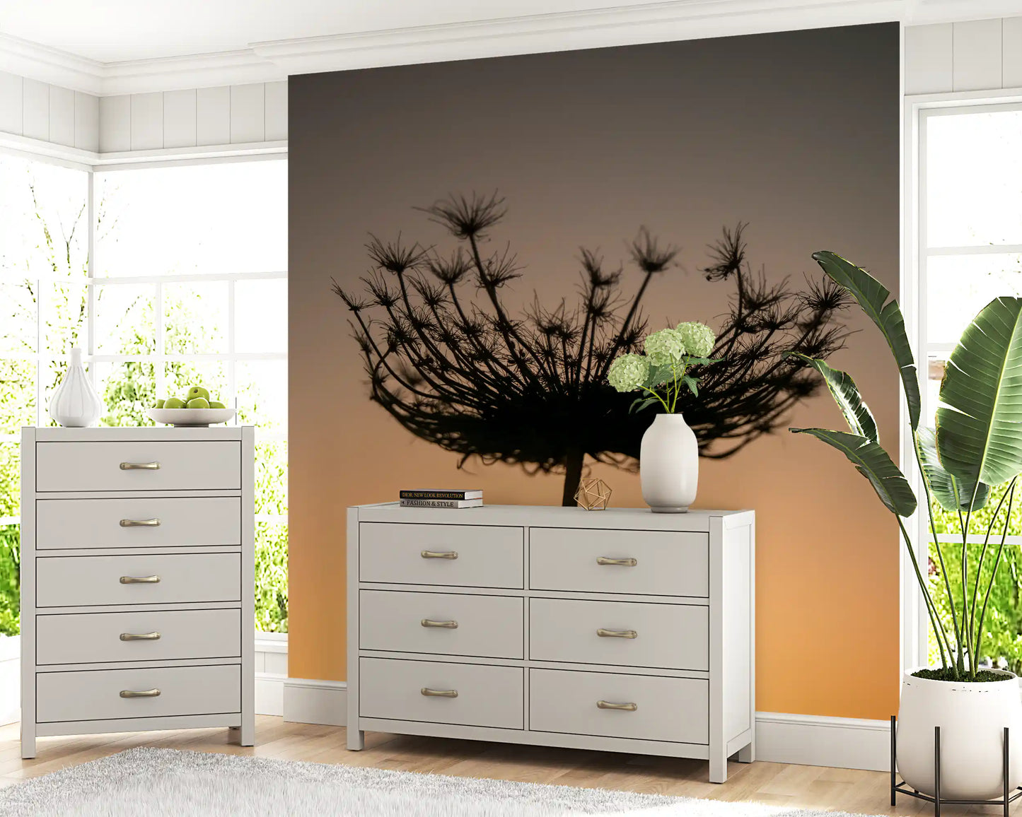 Beside a hallway corner, this sunset silhouette wall mural casts a warm gold glow.