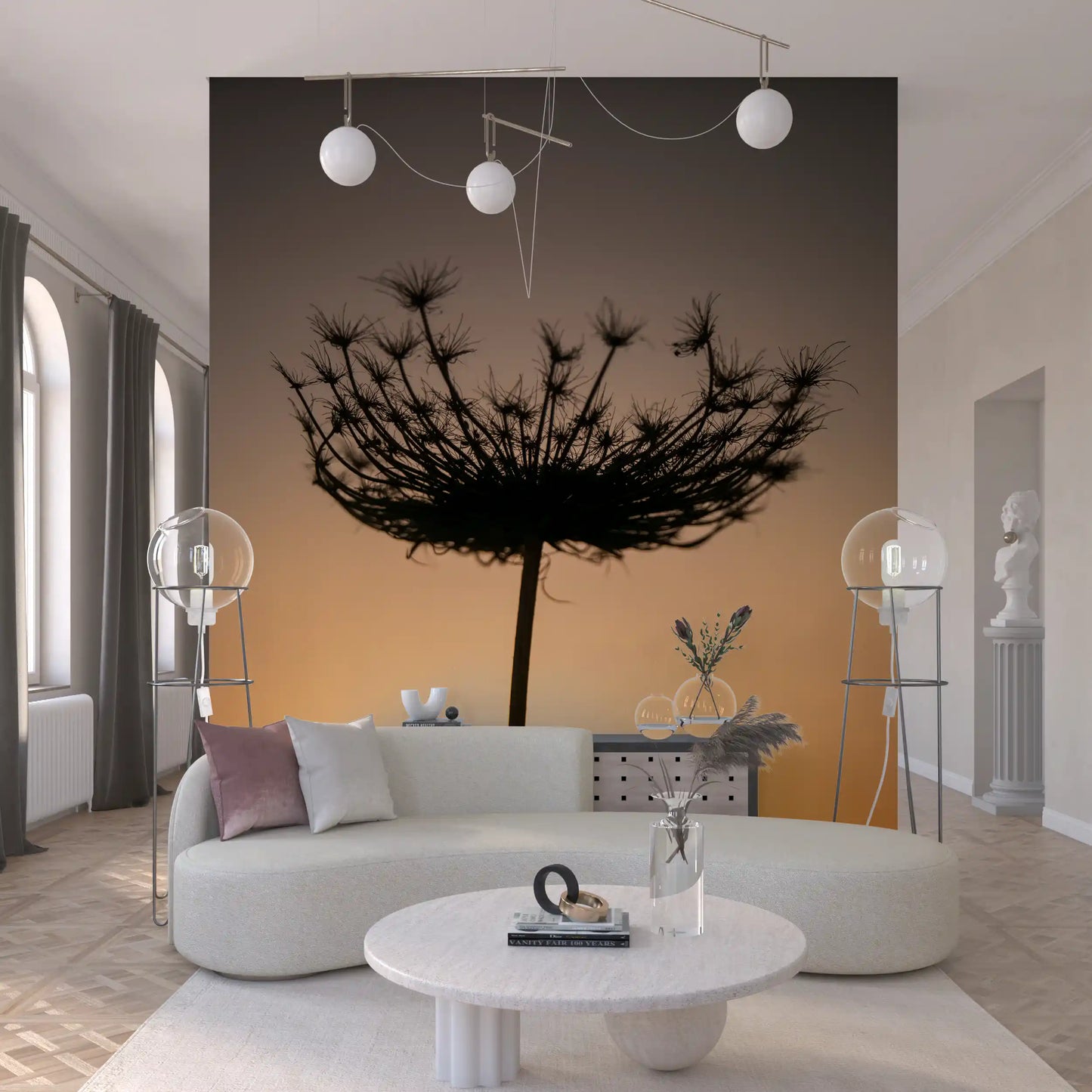 Living room scenes brighten beside this sunset seed head silhouette wall mural.
