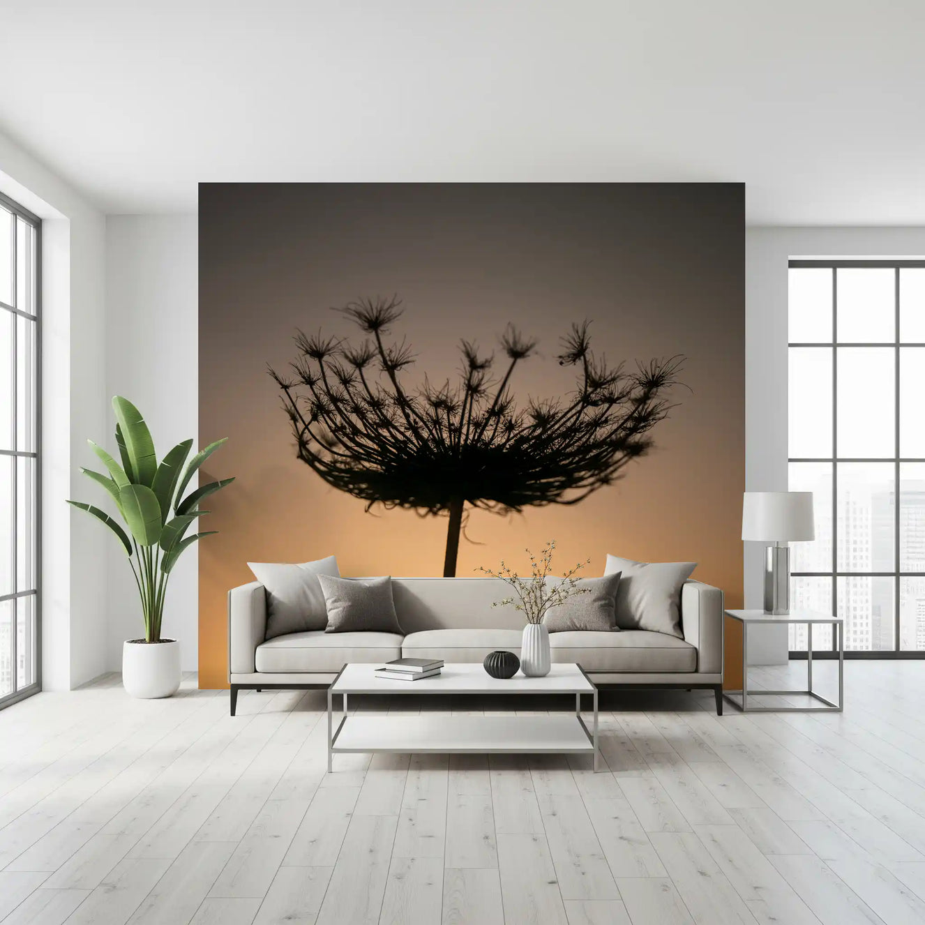 An understated lounge backdrop opens up with this sunset seed head wall mural.