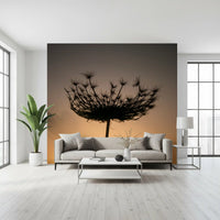 An understated lounge backdrop opens up with this sunset seed head wall mural.