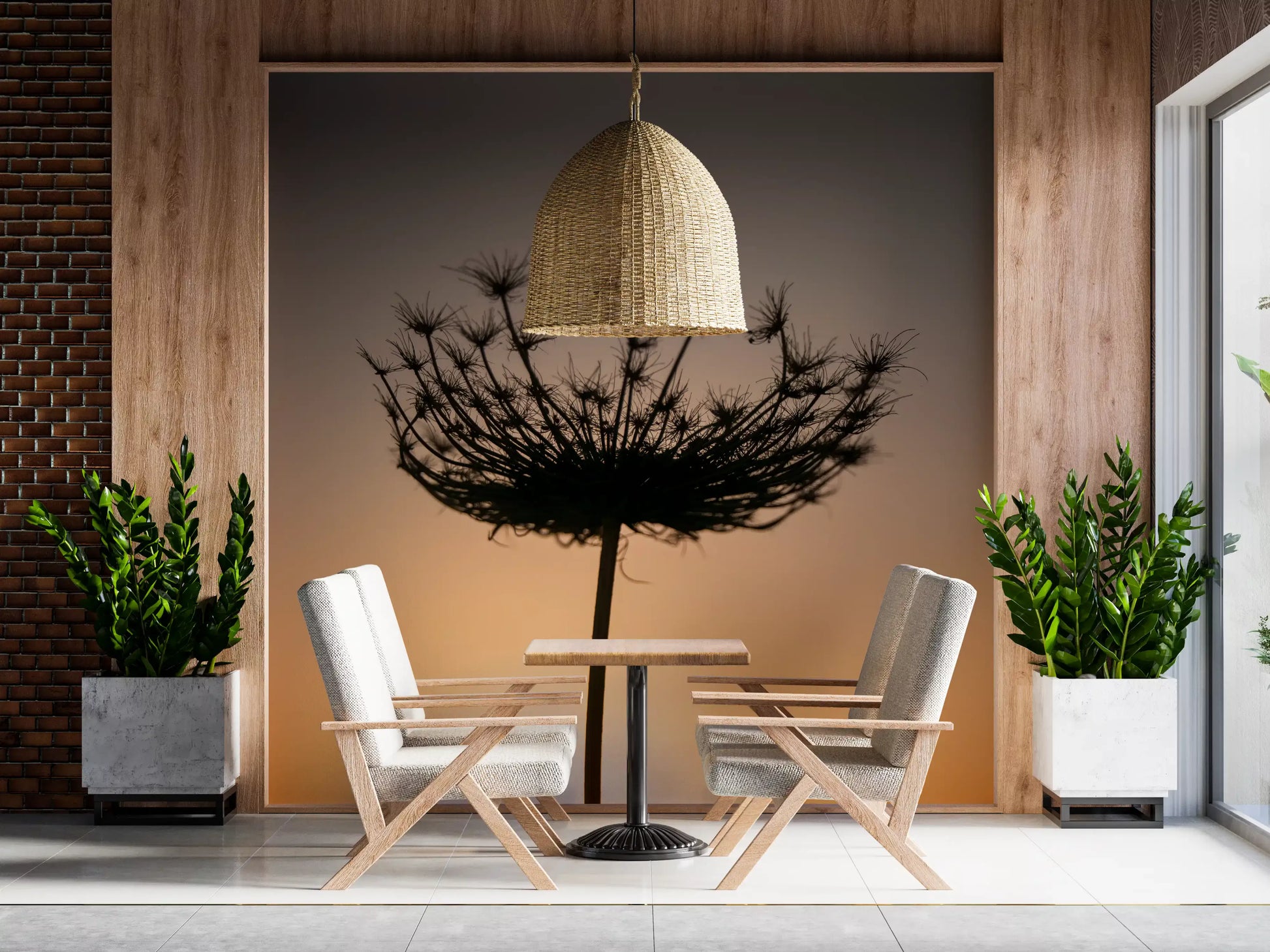 Dining rooms feel atmospheric beside this sunset seed head silhouette wall mural.