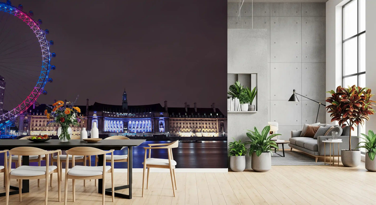 Wide London cityscape wall mural fills a Dining-living room with night drama., GD9738