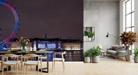 Wide London cityscape wall mural fills a Dining-living room with night drama., GD9738