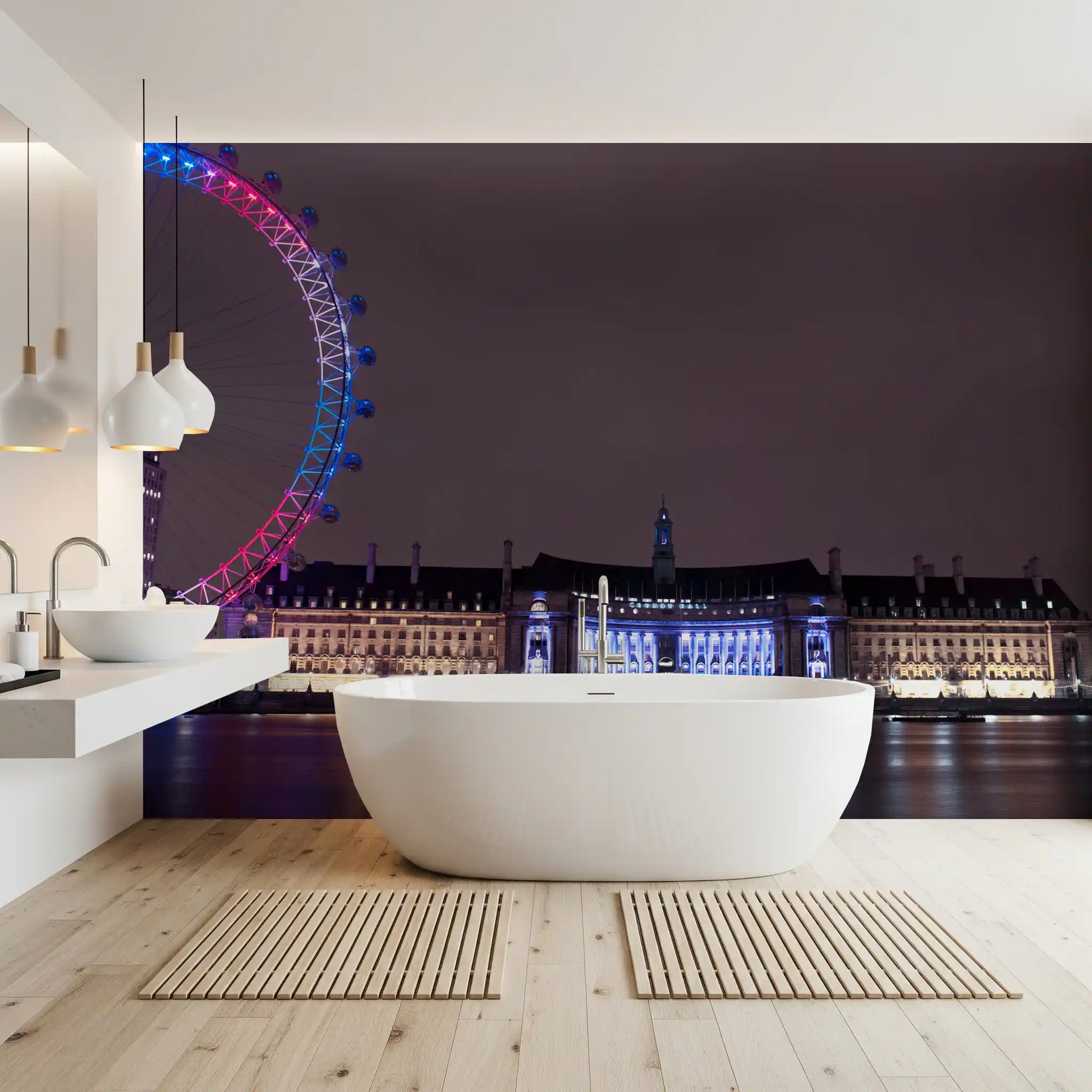 Neon city-night wall mural creates a dramatic backdrop for a modern bathroom space., GD9738