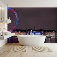 Neon city-night wall mural creates a dramatic backdrop for a modern bathroom space., GD9738