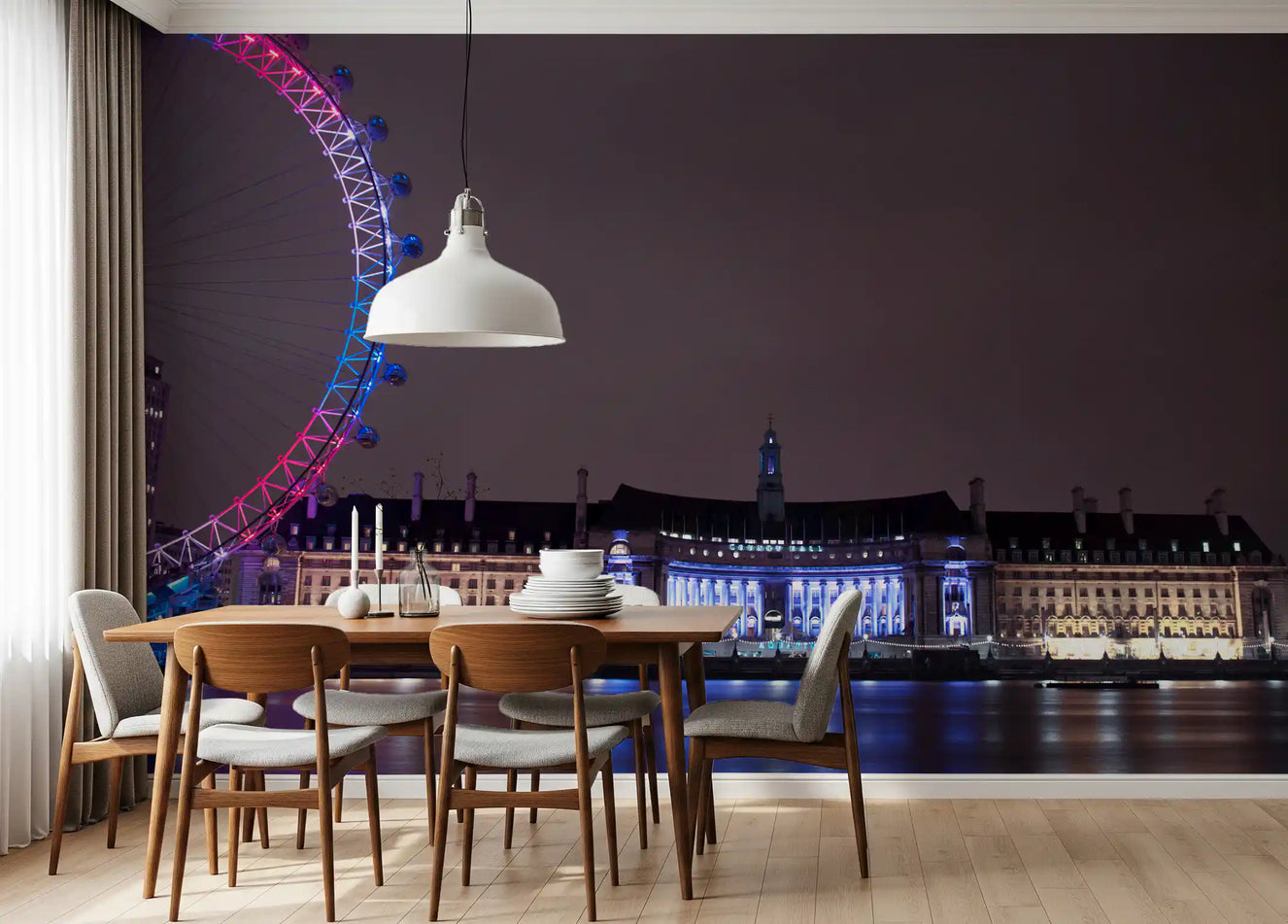 London Eye wall mural lights up an evening dining room with cinematic neon glow.