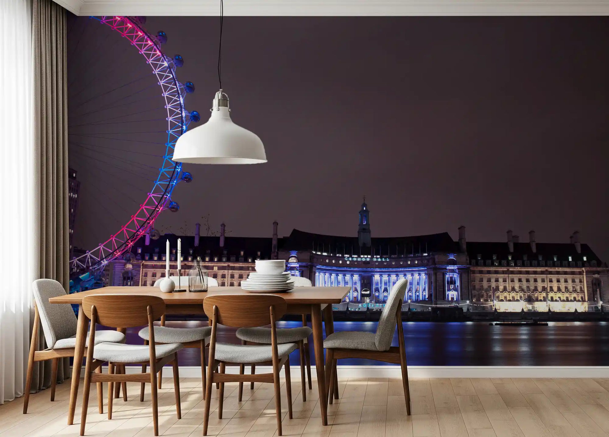 London Eye wall mural lights up an evening dining room with cinematic neon glow., GD9738