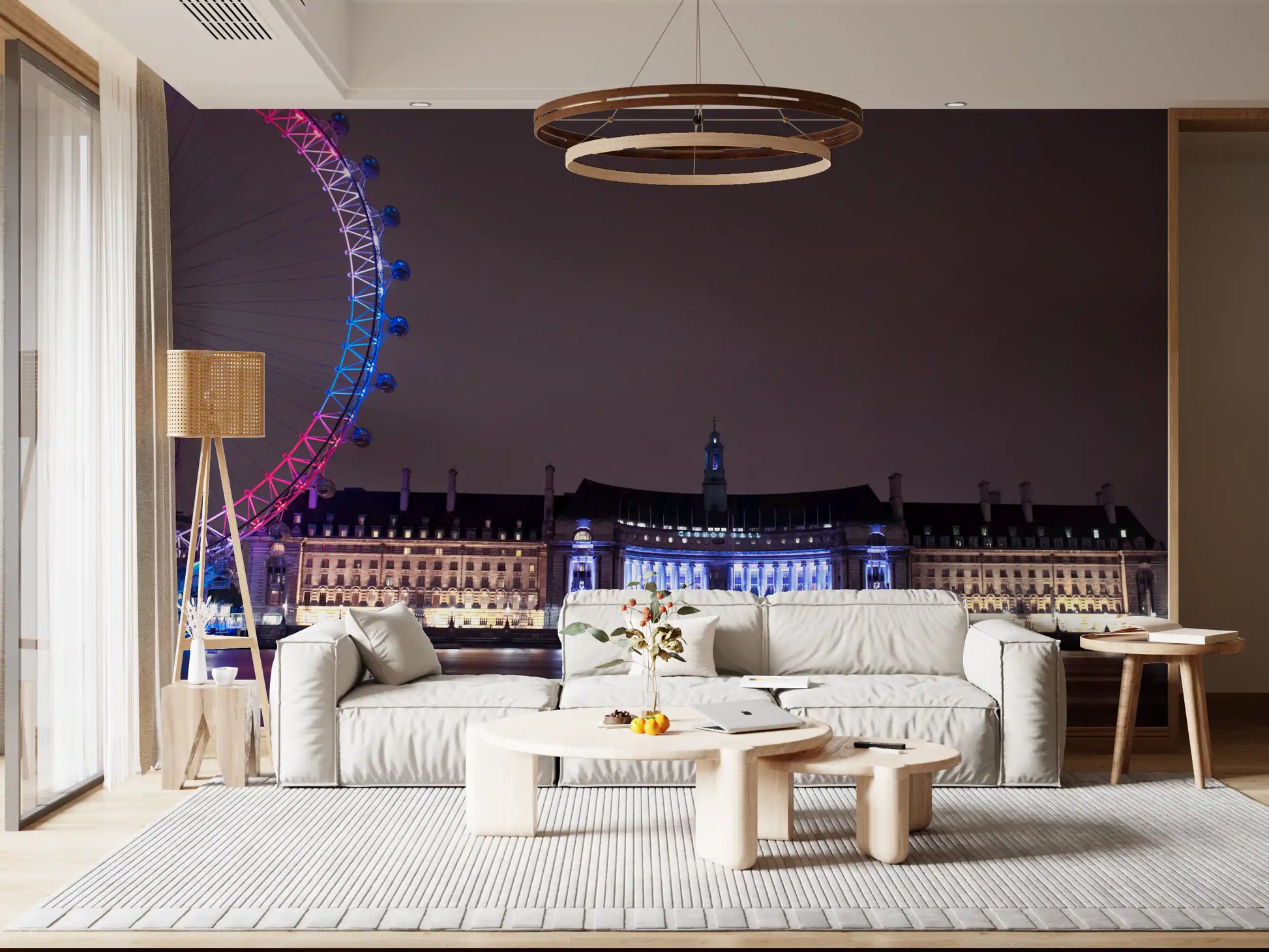 Vibrant Thames-side wall mural welcomes guests in a stylish open entryway., GD9738