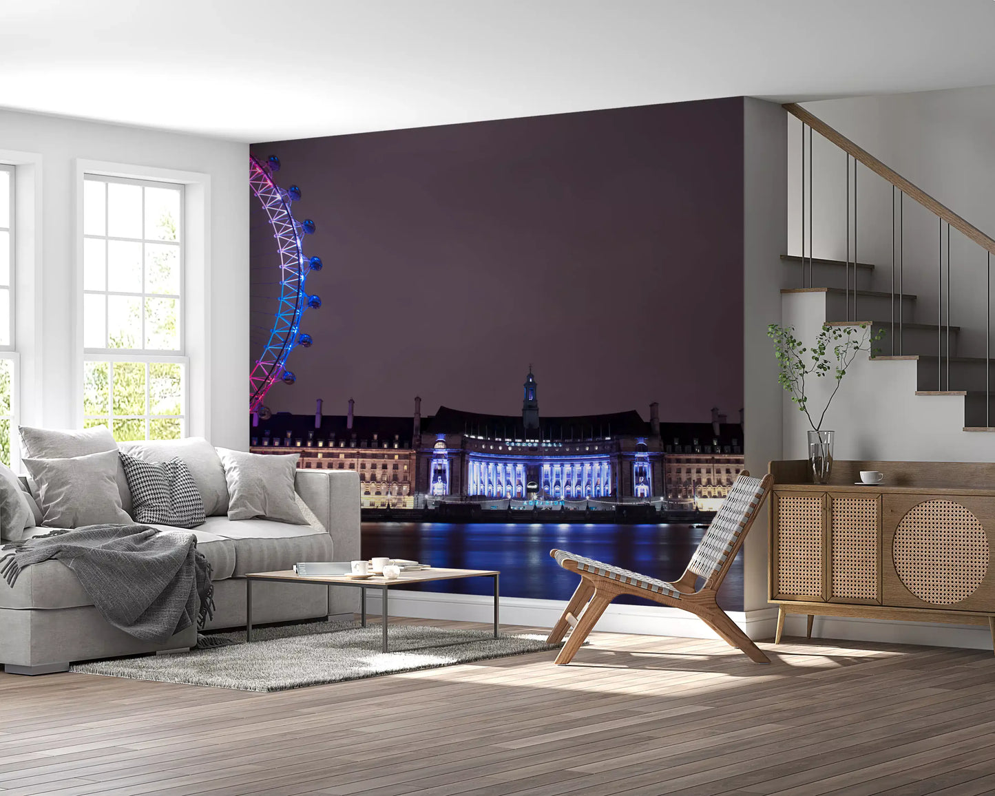 Embankment night-glow wall mural anchors a quiet living room in deep blue and pink., GD9738