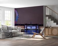 Embankment night-glow wall mural anchors a quiet living room in deep blue and pink., GD9738
