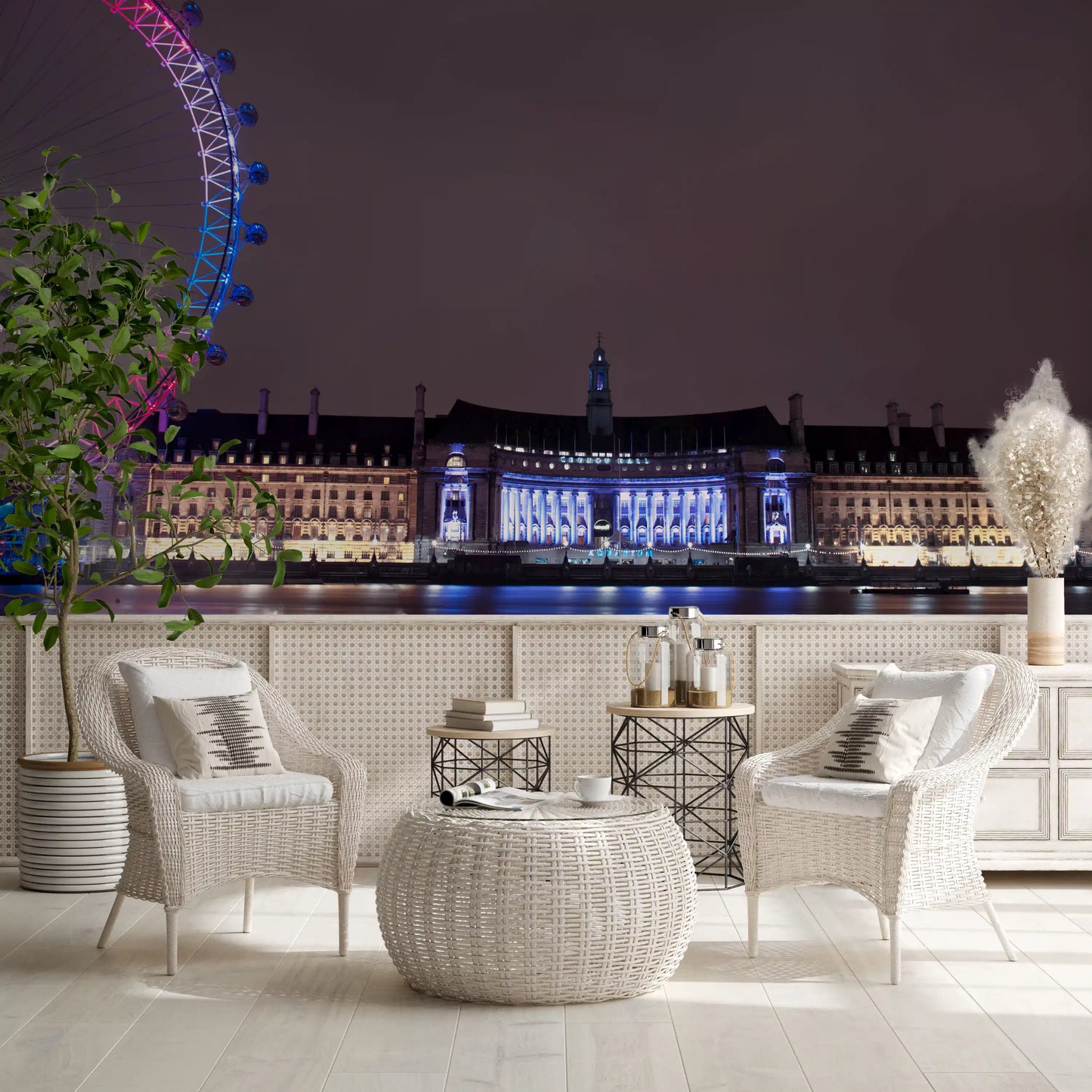Pink-lit Ferris wheel against London skyline featured in this Night Glow wall mural., GD9738