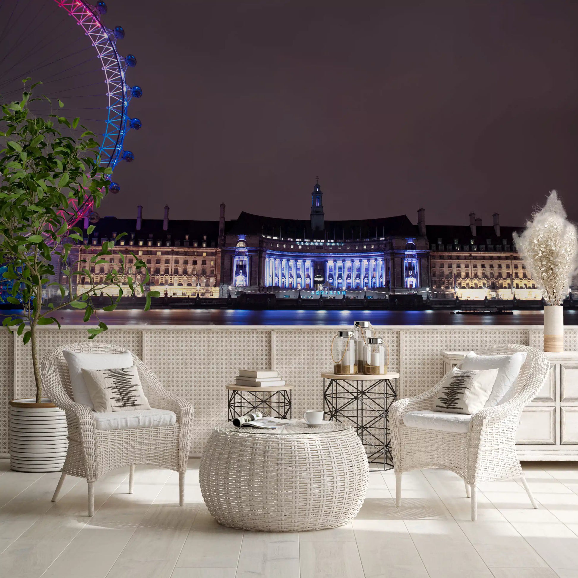 Pink-lit Ferris wheel against London skyline featured in this Night Glow wall mural., GD9738