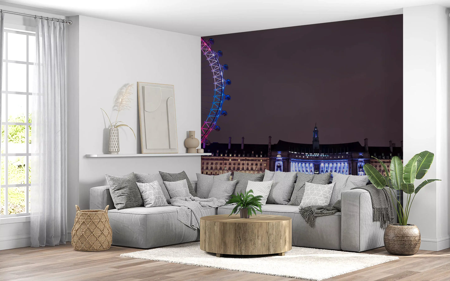 Night Thames reflections wall mural becomes the focal point of a calm living room., GD9738