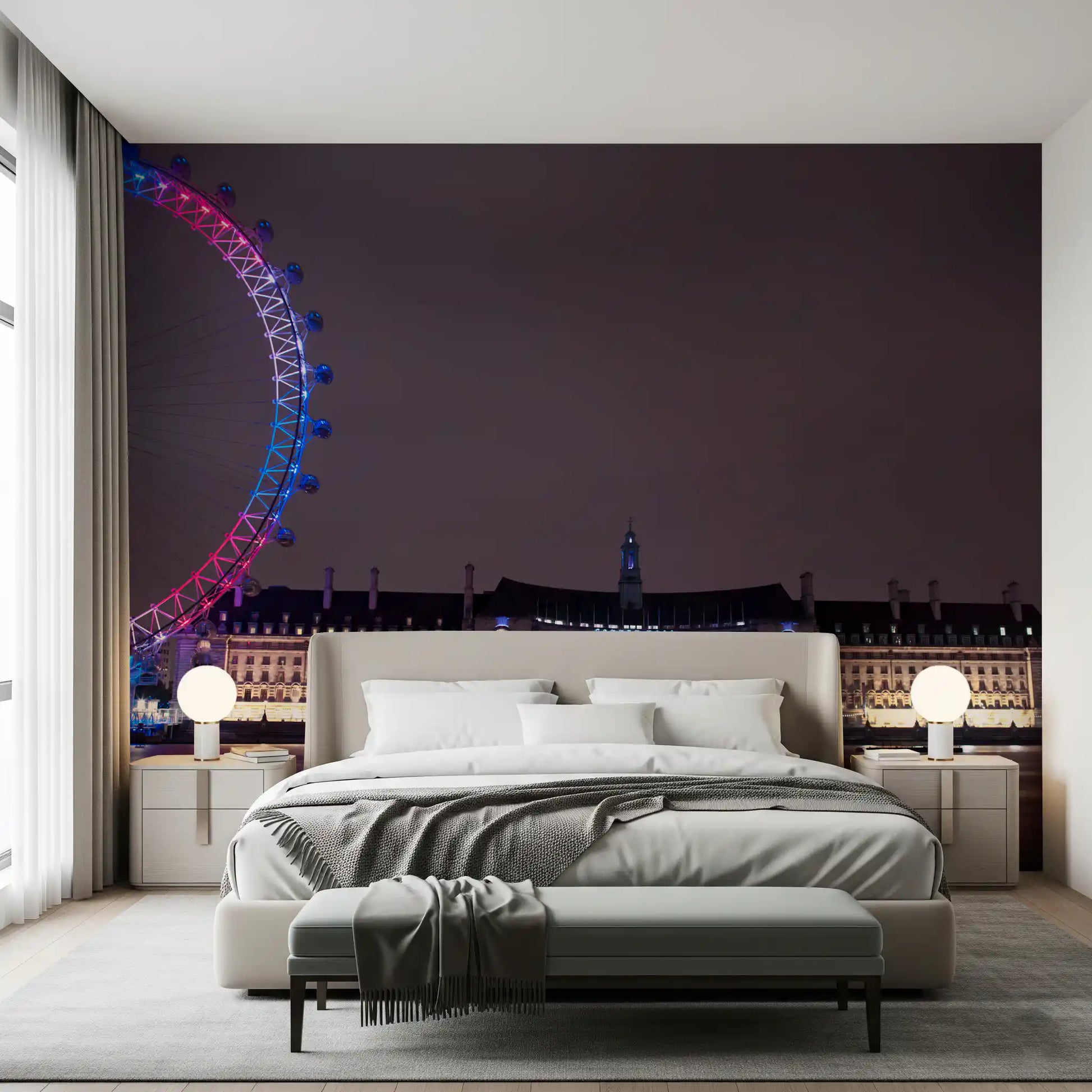 Golden County Hall stands beside neon Eye reflections in an Embankment wall mural., GD9738