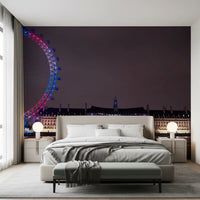 Golden County Hall stands beside neon Eye reflections in an Embankment wall mural., GD9738