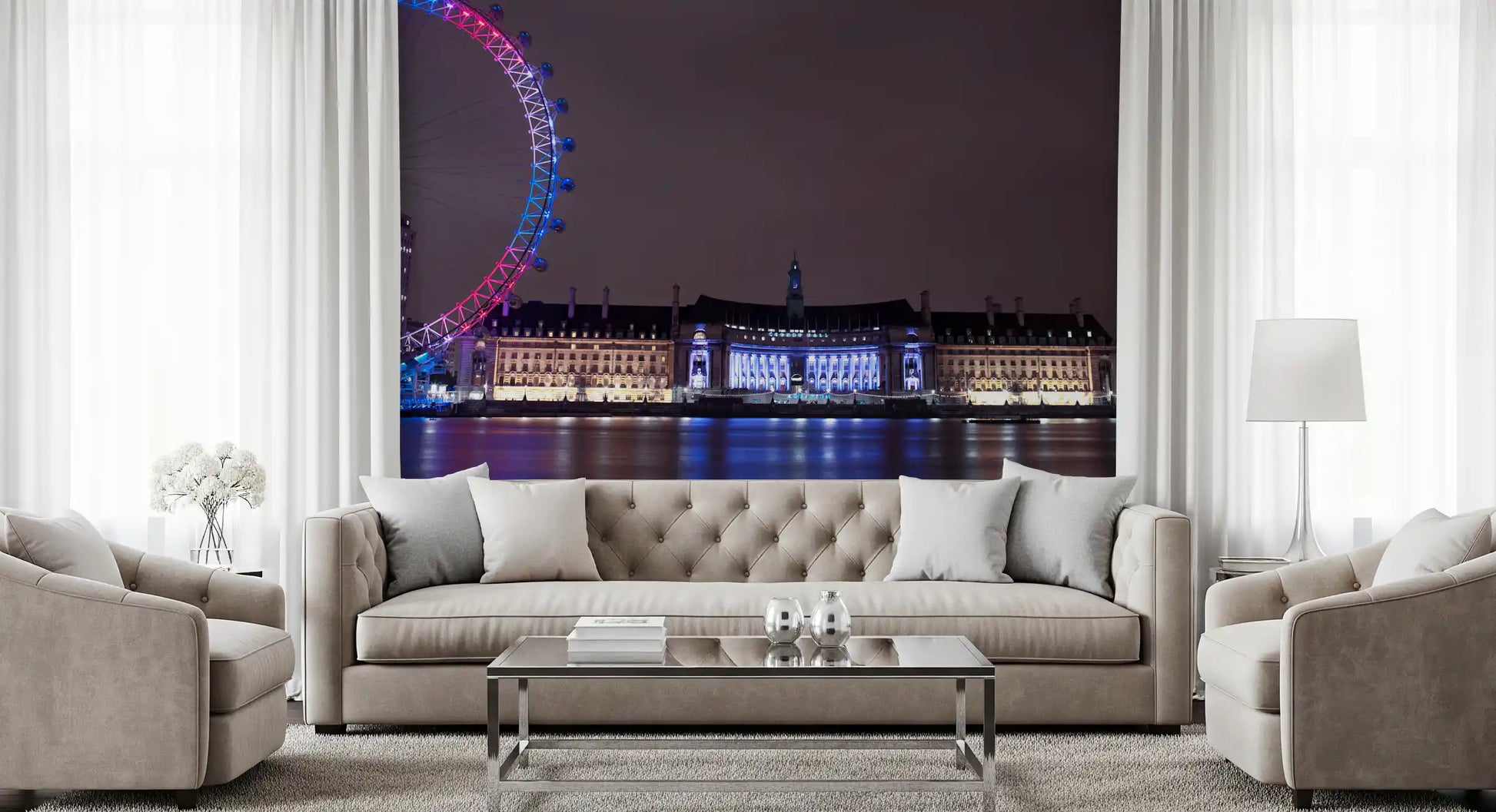 Bright neon glow on the Eye captured in a London night-scene wall mural composition., GD9738